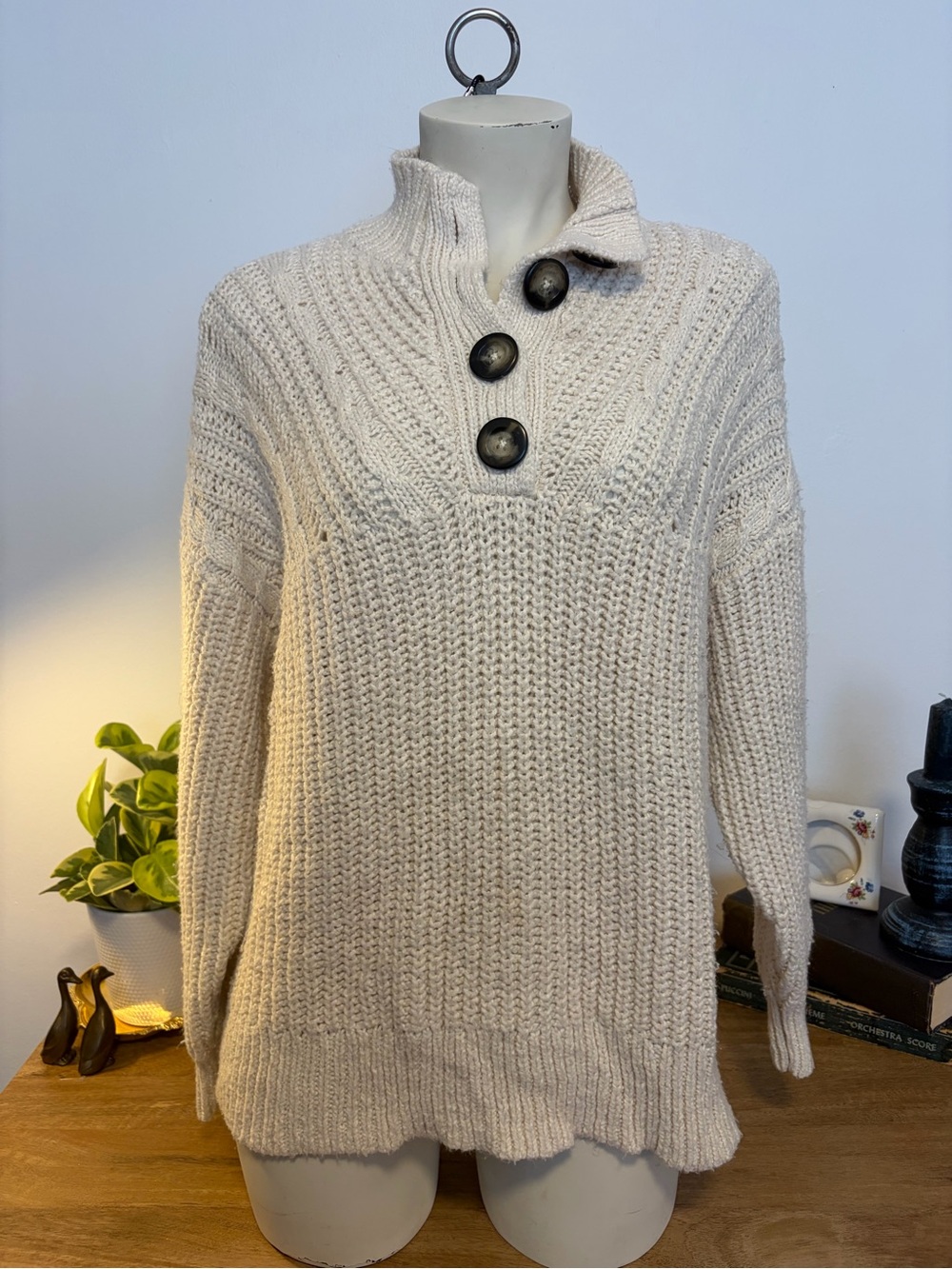 Aerie Cream Chunky Knit Button Front Mock Neck Sweater - Size Small